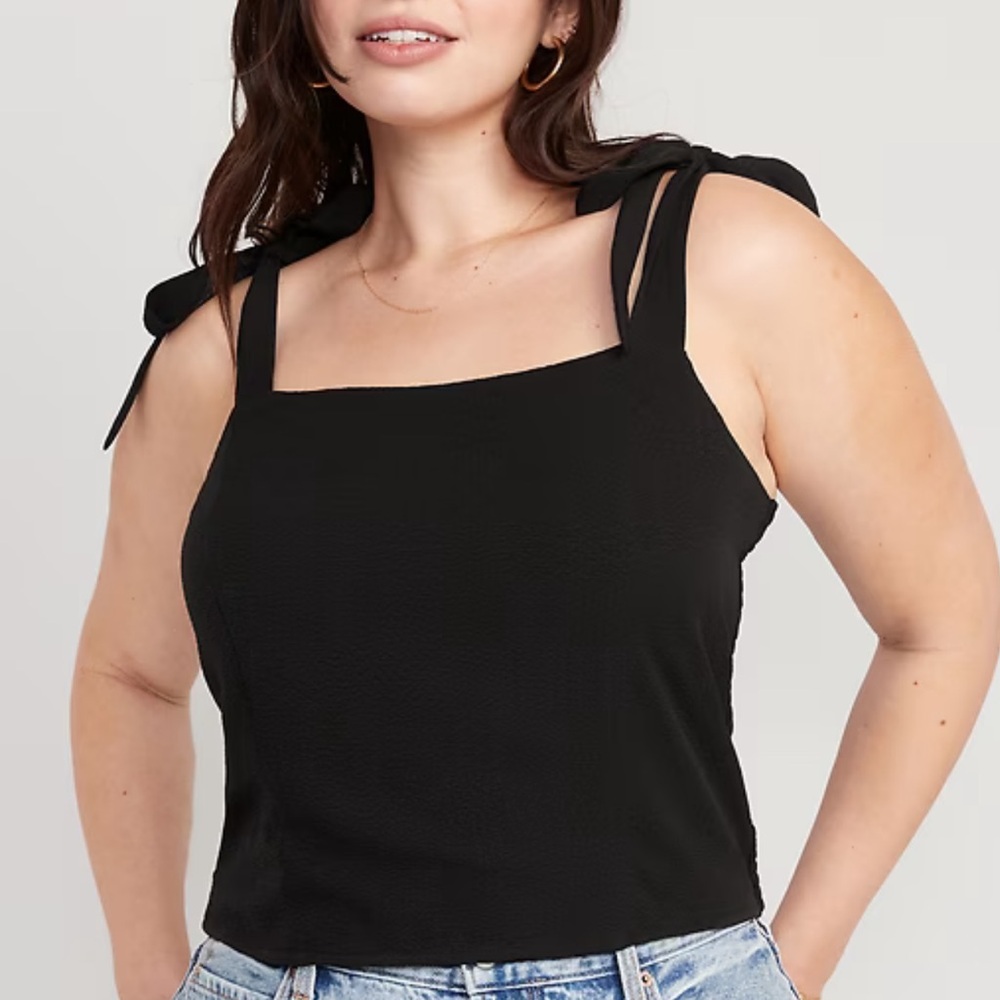 Old Navy Black Fitted Tie-Shoulder Cropped Dobby Corset Cami Top